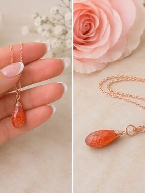 Handmade Natural Sunstone Pendant  14k Rose Gold Filled , June Birthstone